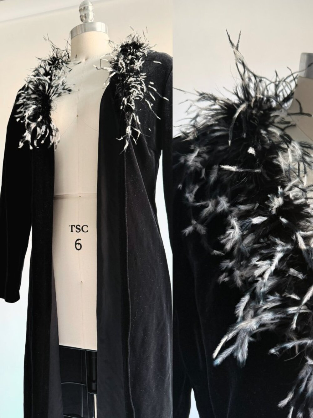 Y2K Jackie Jon Goth Ostrich Feather Collar Velvet Cardigan Duster L
